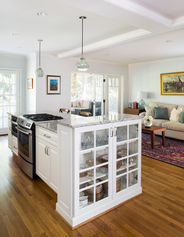 Transitional medium tone wood floor kitchen photo in Atlanta with stainless steel appliances, white cabinets, quartzite countertops and an island