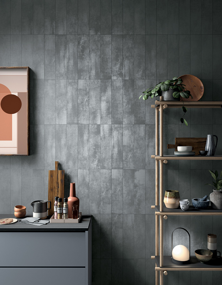Design ideas for a contemporary single-wall kitchen in Perth with flat-panel cabinets, grey cabinets, grey splashback, metro tiled splashback and grey worktops.