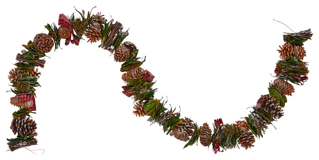 Mixed Cones, Green Bay Leaf, Ribbon Twigs Berries Garland, 66"