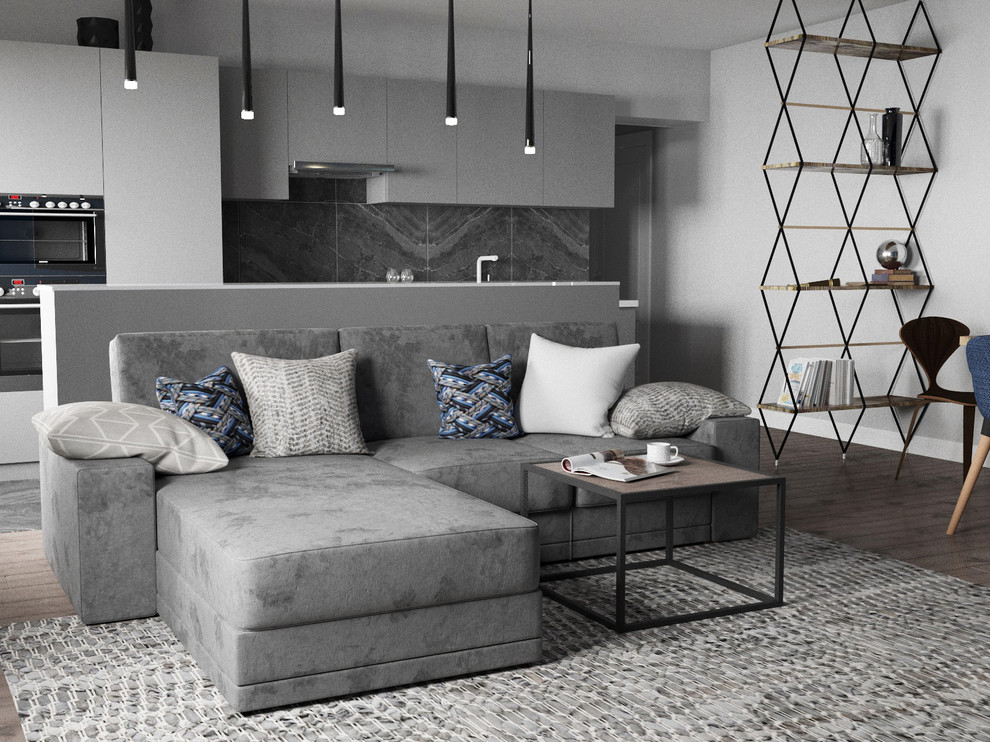 Кухня гостиная с синей стеной