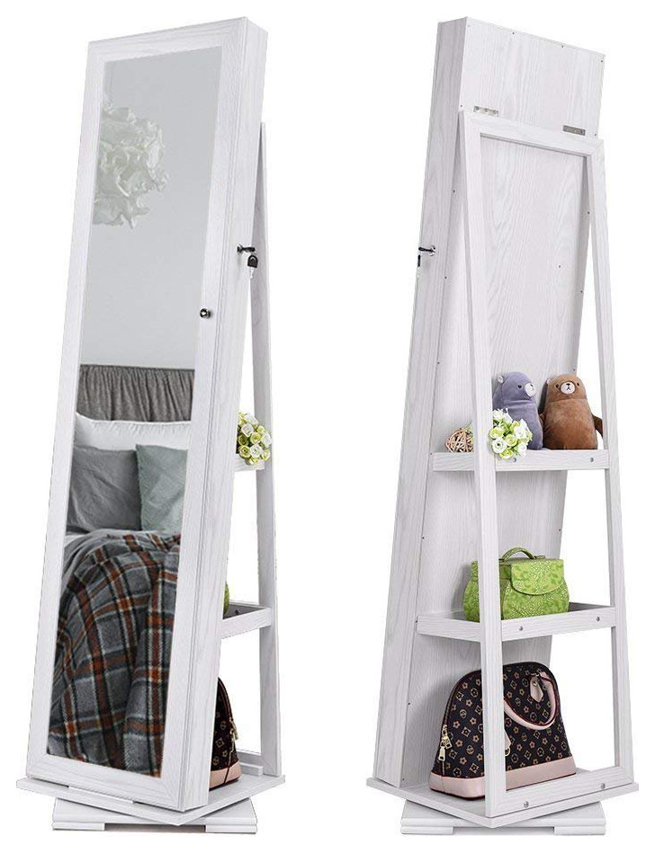Glam Jewelry Armoire, 360 Spinning Lockable Design With Mirrored Door
