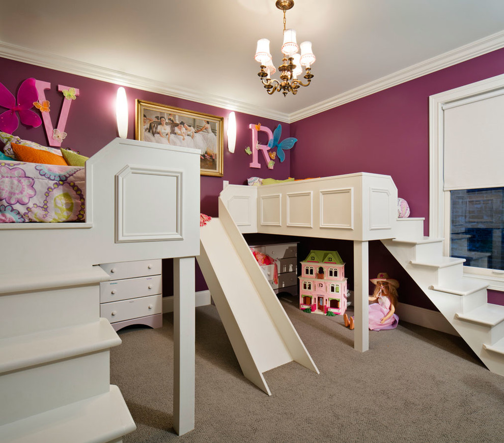 Photo of a mid-sized transitional kids' bedroom for kids 4-10 years old and girls in Chicago with purple walls and carpet.