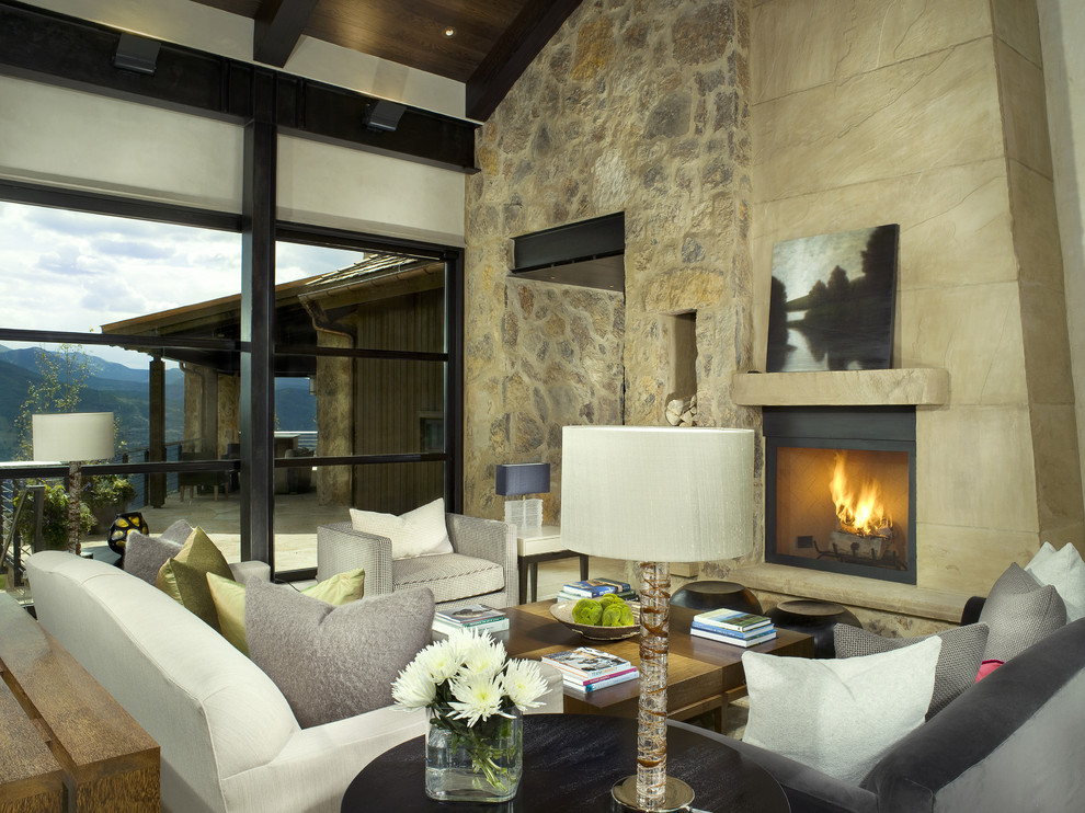 Inspiration for a modern living room in Denver with a standard fireplace and a stone fireplace surround.