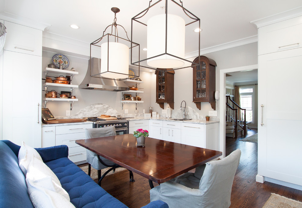 Eat-in kitchen - small transitional eat-in kitchen idea in DC Metro with white cabinets and marble countertops