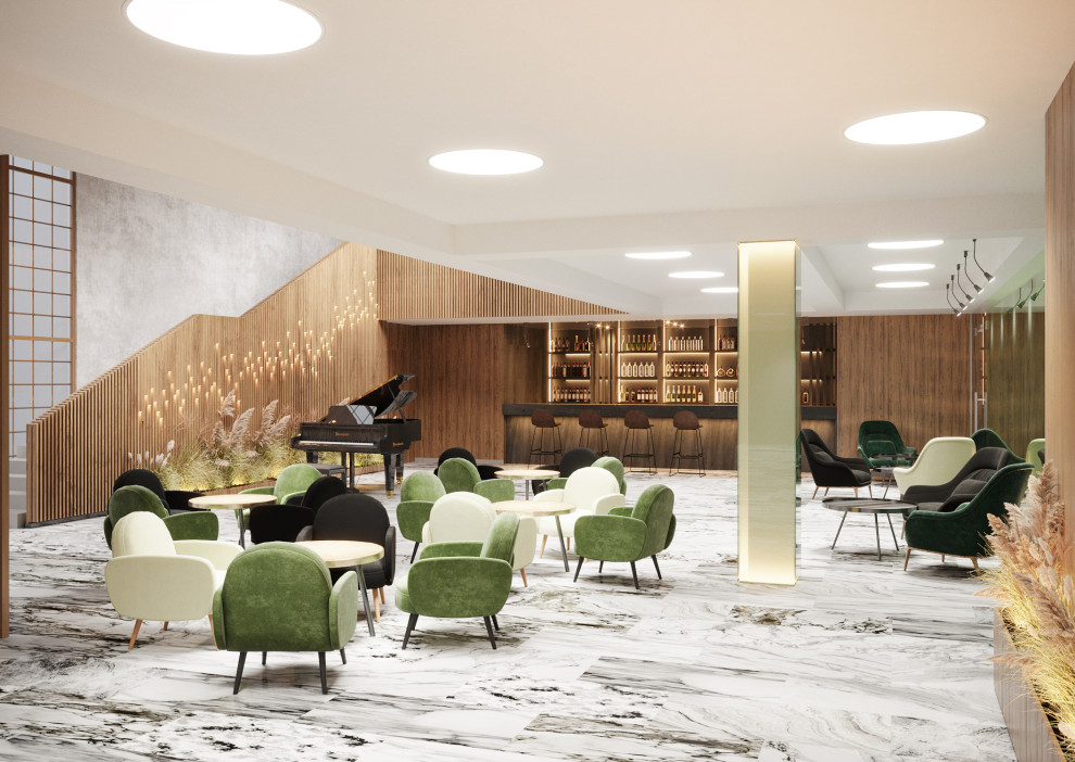 интерьеры лобби и кафе пансионата Петрово-Дальнее