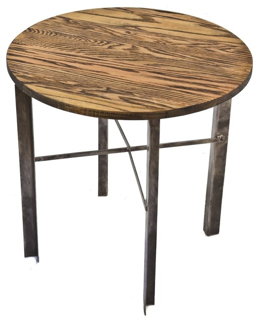 Consigned Repurposed 4 Legged Round Side Table With Distressed Oak Consigned Repurposed 4 Legged Round Side Table With Distressed Oak Top