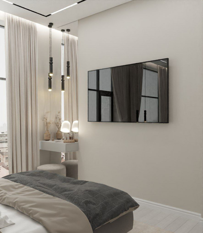 Стильный дизайн: хозяйская, серо-белая спальня среднего размера, в светлых тонах в современном стиле с бежевыми стенами, полом из ламината и бежевым полом - последний тренд