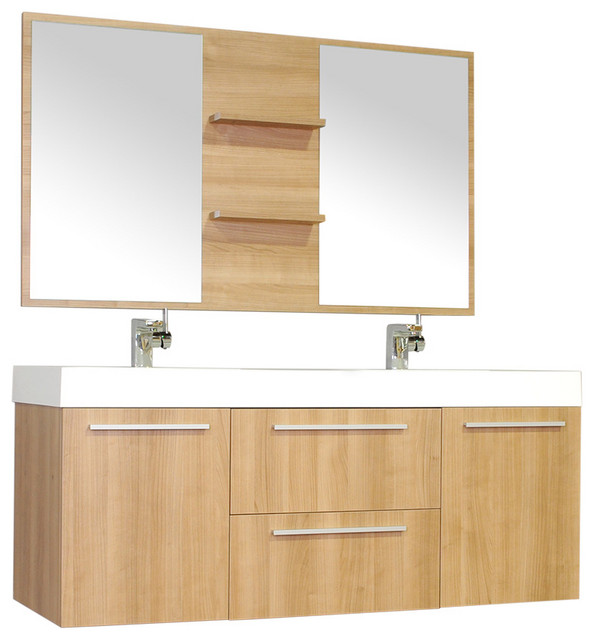 54 inch Double Wall Mount Modern Bathroom Vanity in Light Oak without ...