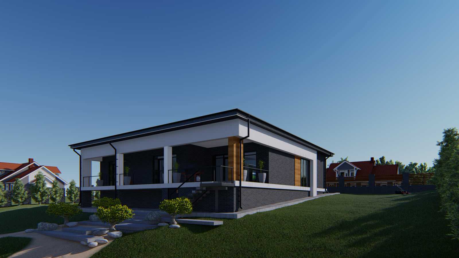 Проект жилого одноэтажного дома с террасой гаражом и навесом под одну машину