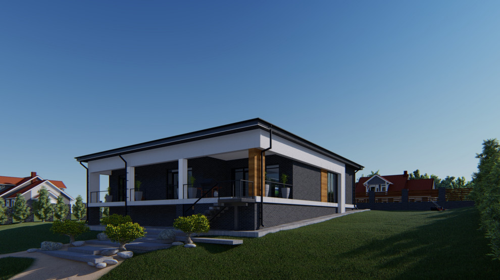 Проект жилого одноэтажного дома с террасой гаражом и навесом под одну машину