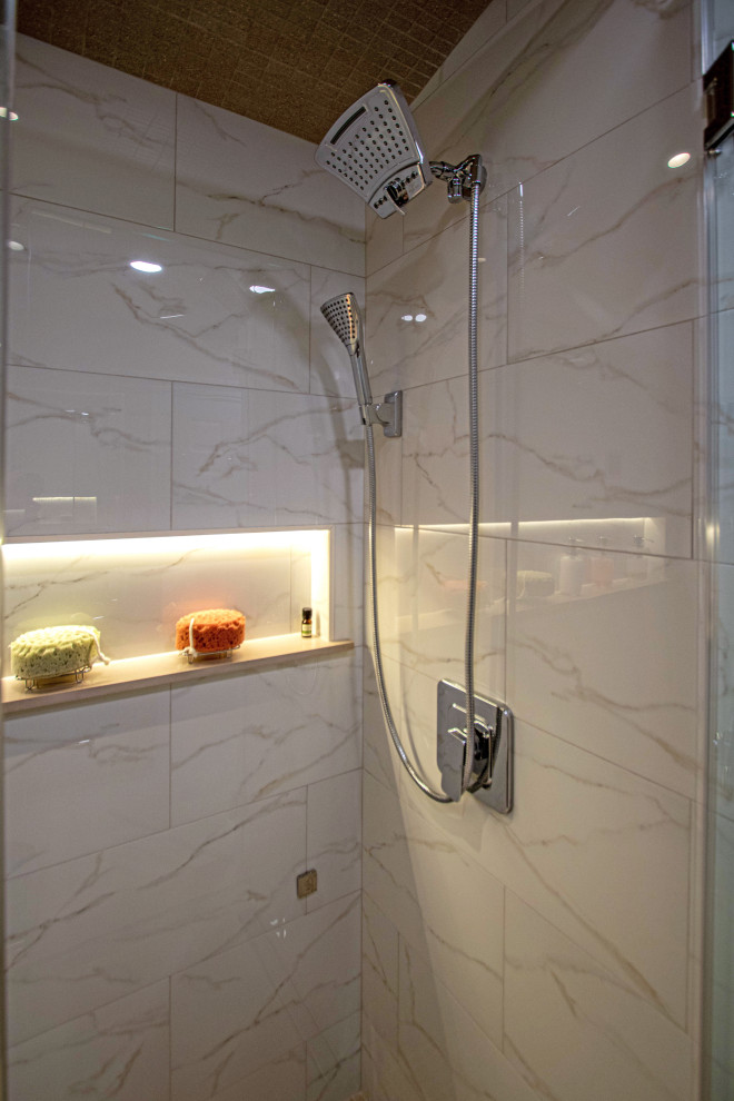 Spa Bath with Tile Steam Shower, Walnut and Solid Surface