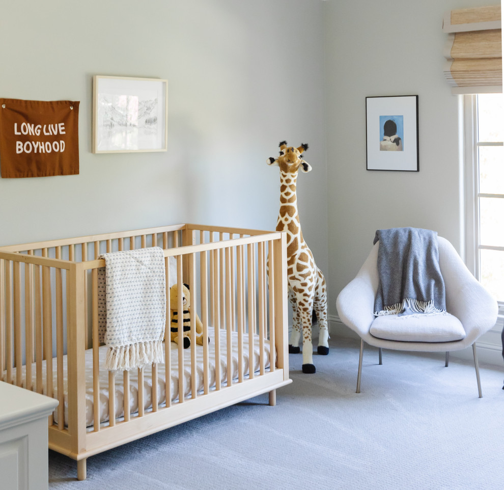 Medium sized modern nursery for boys in Dallas with green walls, carpet, grey floors and a vaulted ceiling.
