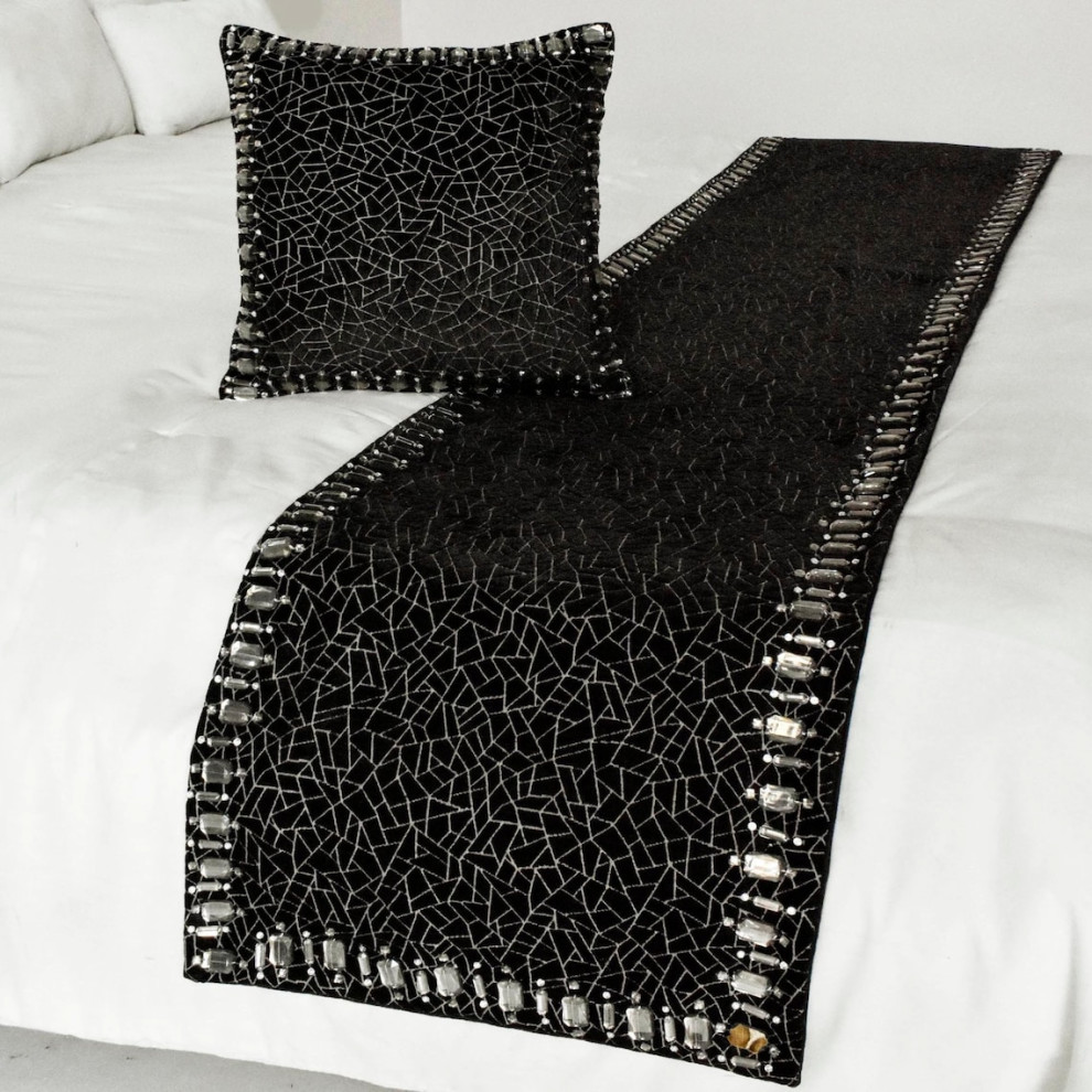 Decorative Black Velvet Twin 53"x18" Bed Runner, Mosaic and Crystal Mosaic Noir