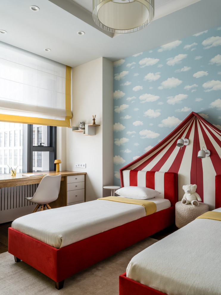 Inspiration for a medium sized contemporary kids' bedroom for girls in Moscow with beige walls, medium hardwood flooring, brown floors, a drop ceiling and wallpapered walls.