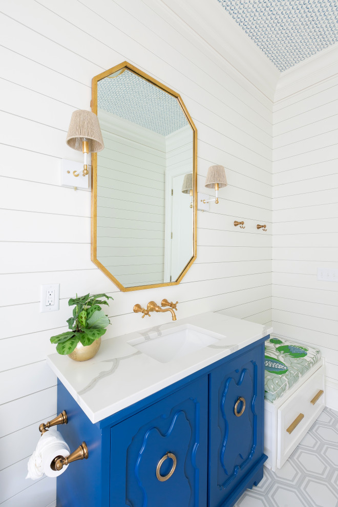 Inspiration for a mid-sized modern kids bathroom in Charleston with ceramic floors, engineered quartz benchtops, grey floor, a single vanity, a freestanding vanity, wallpaper and planked wall panelling.