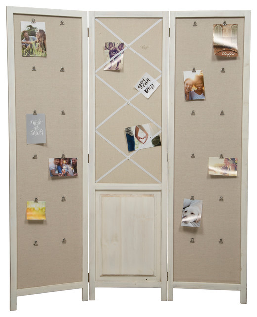 50x60 3 Panel Distressed White Room Divider with Fabric Panel and Clips