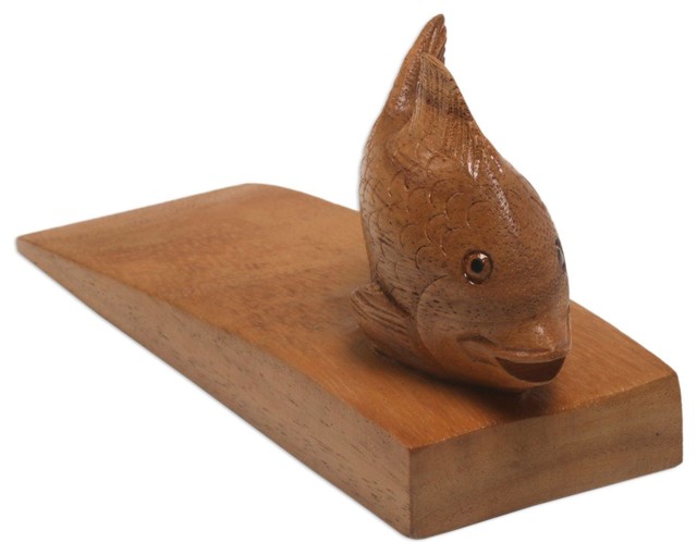 Helpful Goldfish, Brown Wood Doorstop Asian Door Stops by NOVICA Houzz