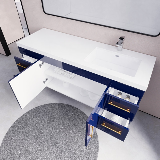 Rosa 60" Wall Mounted Vanity with Reinforced Acrylic Sink (Right Side ...
