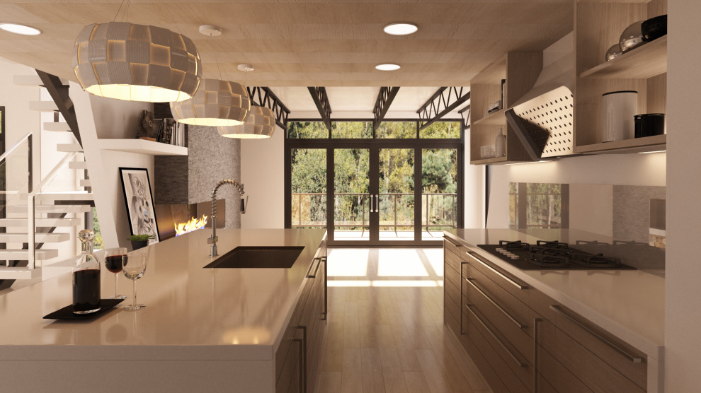 Design ideas for a large contemporary single-wall eat-in kitchen in Seattle with a single-bowl sink, white cabinets, marble benchtops, white splashback, timber splashback, stainless steel appliances, medium hardwood floors, with island, beige floor, white benchtop and timber.