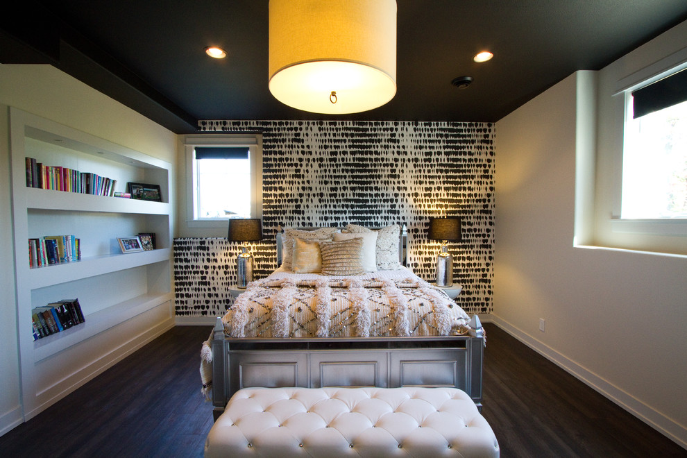 This is an example of a mid-sized modern bedroom in Other with white walls, vinyl floors and no fireplace.