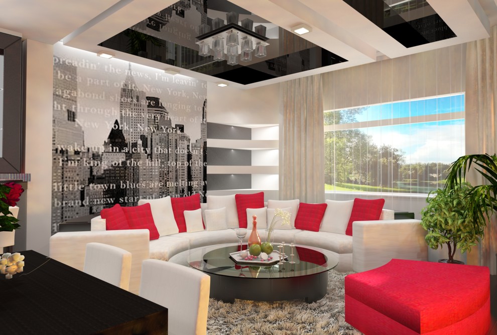 Интерьер загородного дома с красными акцентами