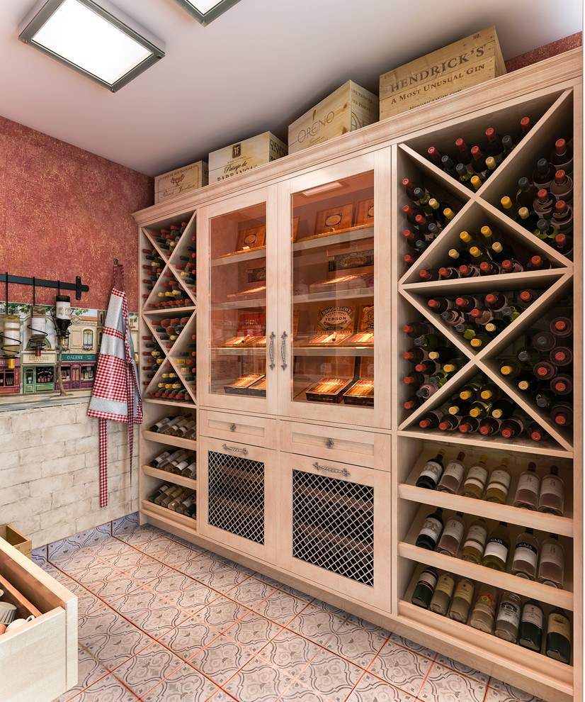 Design ideas for a mid-sized country wine cellar in Los Angeles with ceramic floors and beige floor.