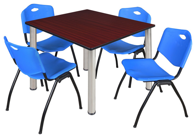 Kee 48" Square Breakroom Table- Mahogany/ Chrome & 4 'M' Stack Chairs- Blue
