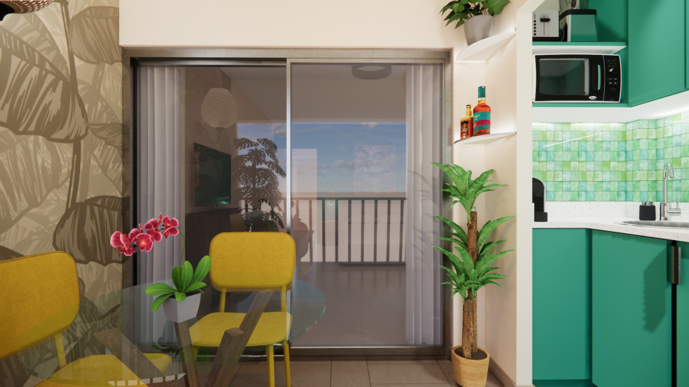 Cuisine et coin repas aux couleurs vives sur le balcon terrasse exposé soleil co