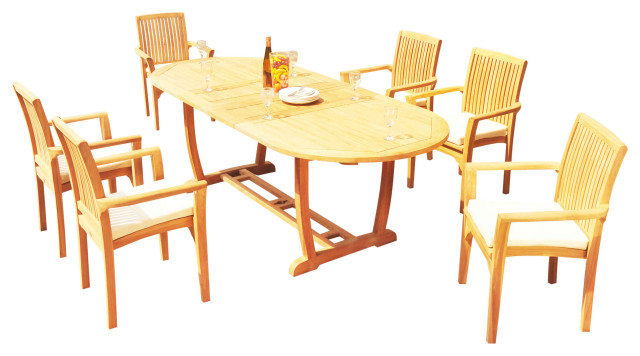 7 Piece Outdoor Teak Dining Set 94 Masc Oval Table 6 Lua Stacking Arm Chairs Transitional Outdoor Dining Sets By Teak Deals Houzz