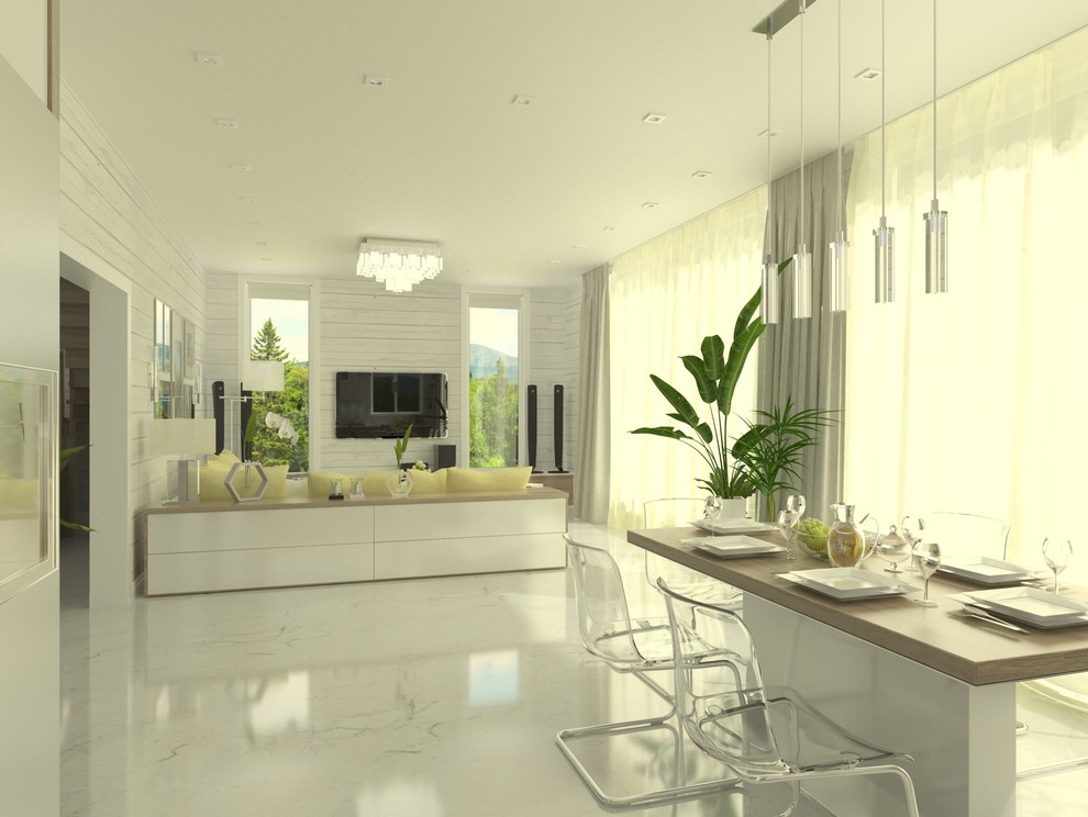 Интерьер кухни-гостиной в загородном доме из клееного бруса, г. Ижевск