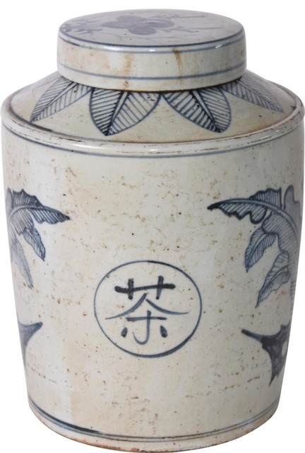 Tea Jar Service Items Vase Palm Leaf Blue Colors May Vary White