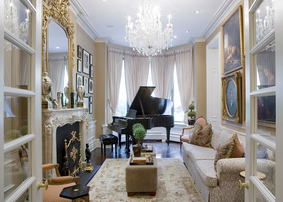 Inspiration for a traditional enclosed living room in New York with a music area, beige walls, dark hardwood floors, a standard fireplace and no tv.