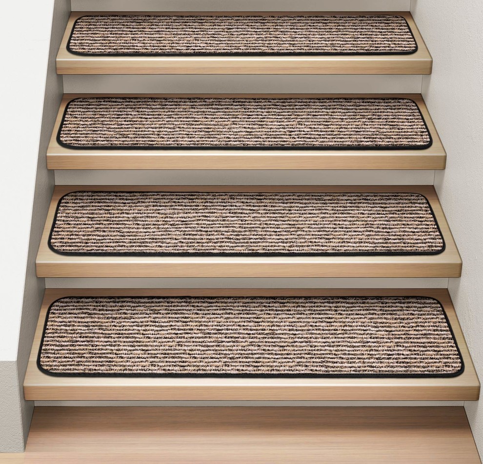 Set of 15 Attachable Carpet Stair Treads Black Ripple Contemporary
