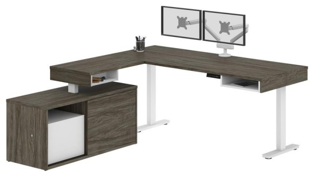 Height Adjustable L-Desk with Dual Monitor Arm in Walnut Grey & White