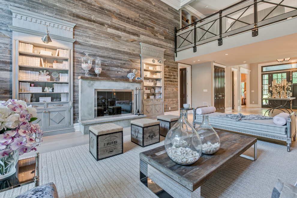 Living room - large coastal open concept carpeted and white floor living room idea in New York with a standard fireplace, a concrete fireplace, no tv and gray walls