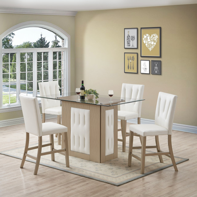 Lana Counter Height Dining Table, Gold Wood, White Faux Leather, Glass ...