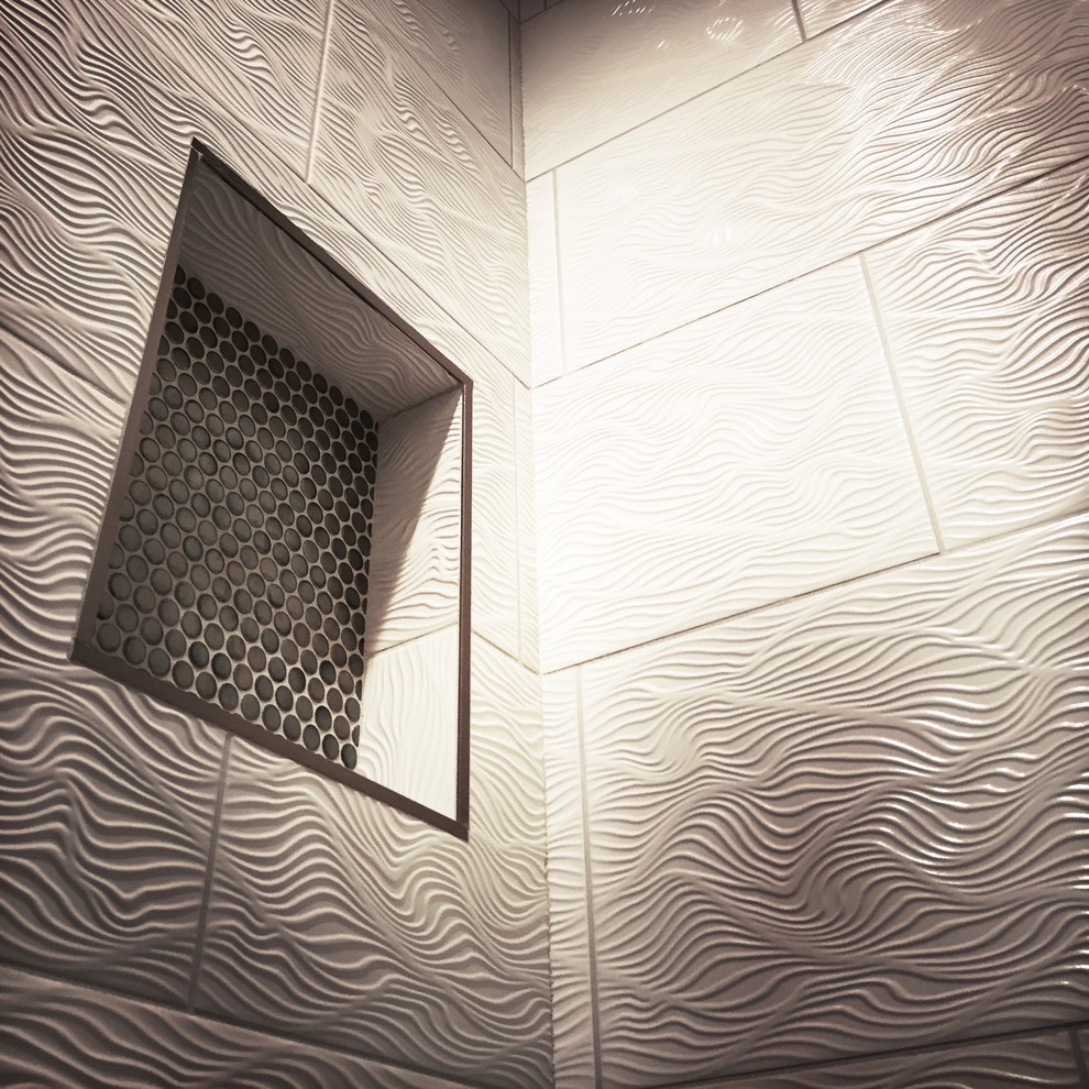 Inspiration for a transitional white tile bathroom remodel