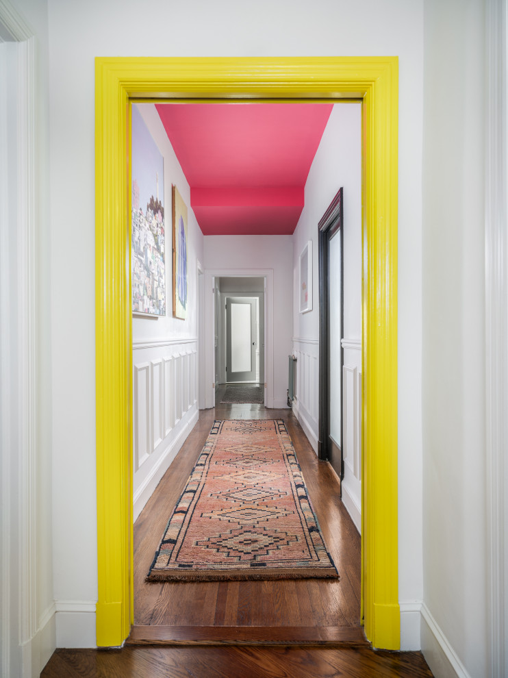 Bold Hallway with Hot Pink Ceiling and Yellow Door Trim - Transitional ...