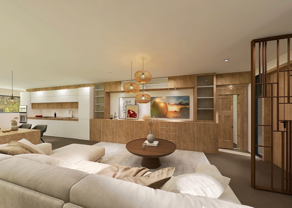 Diseño de sala de estar abierta minimalista grande con paredes beige, suelo de baldosas de cerámica, estufa de leña, televisor colgado en la pared y suelo beige