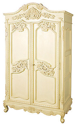 French Carved Armoire Wardrobe, 6 Drawers, Chateau Cream