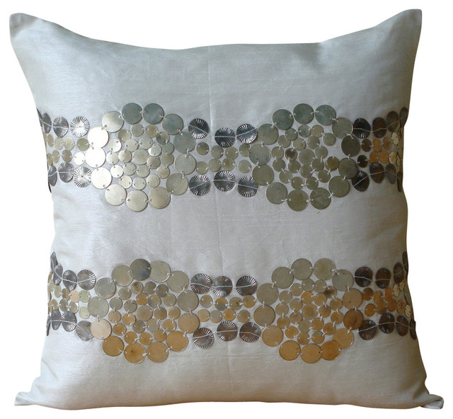 Ivory Art Silk Metal Sequins Pillowcases Silver And Gold Metal Sequins Ivory Art Silk 14 X14 Pillow Covers Decorative Silver And Gold