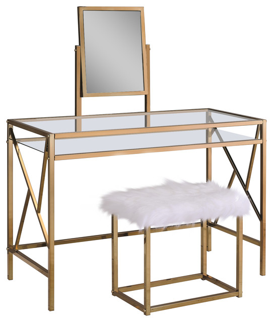 Lillian Contemporary Glass Vanity Table With Stool ...