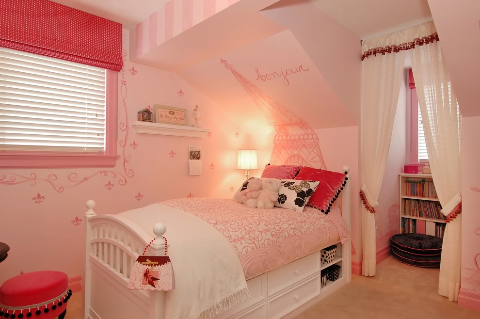 Photo of a small traditional kids' room for girls in Vancouver with pink walls and carpet.