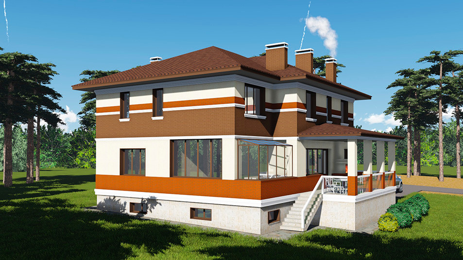 Проектирование. Двухэтажный жилой дом из кирпича с подвалом и гаражом (S=454.9м)