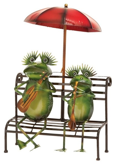 UMA Enterprises Musical Frog Couple Seated on Bench Garden Sculpture Multicolor