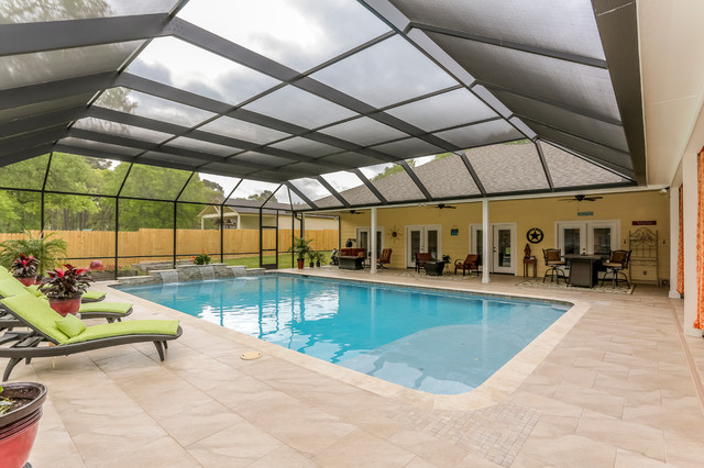 Patio with Fireplace with Screened Pool Enclosure nyklassisk-pool