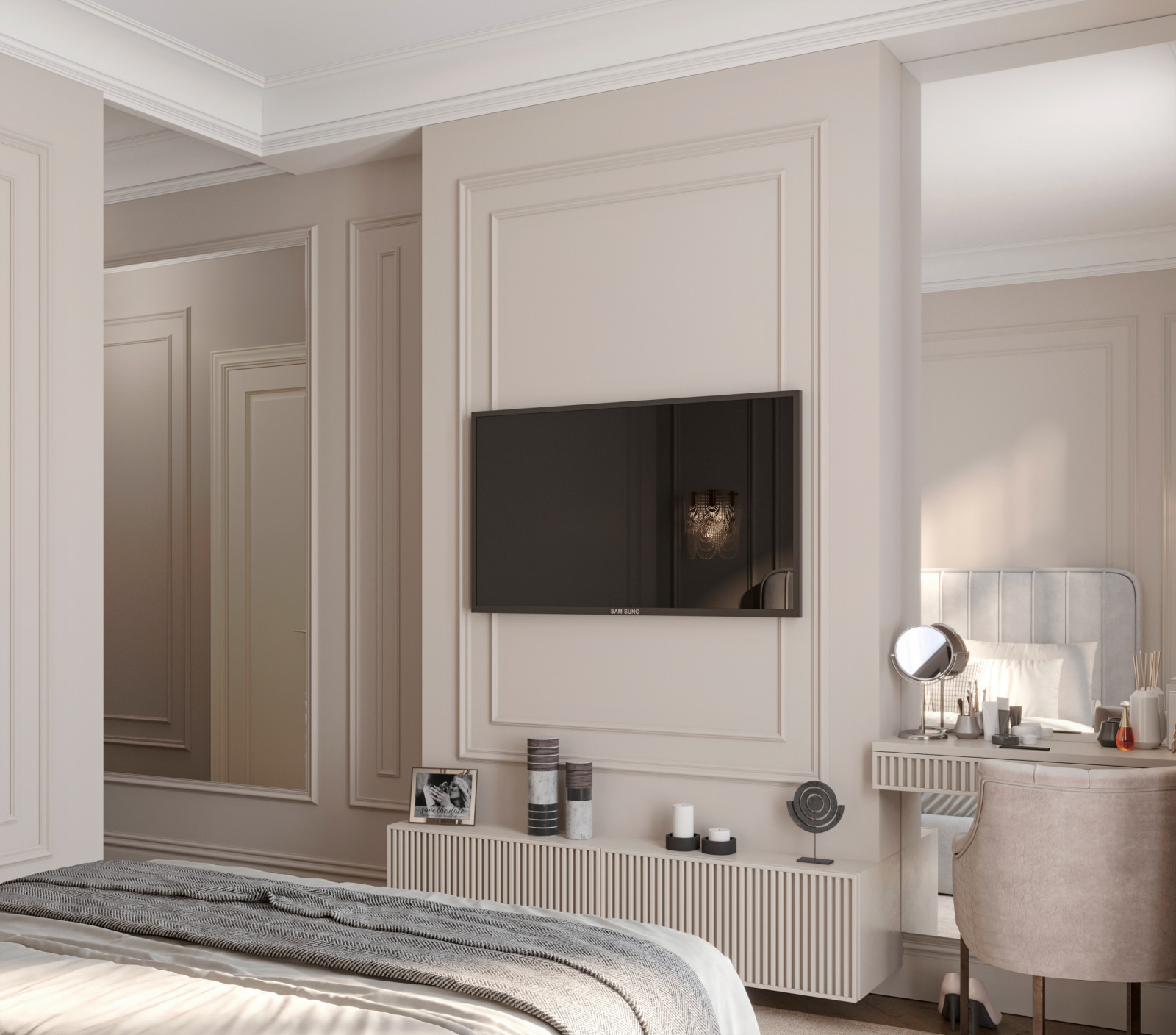 Спальня неоклассика в светлых тонах с гардеробом