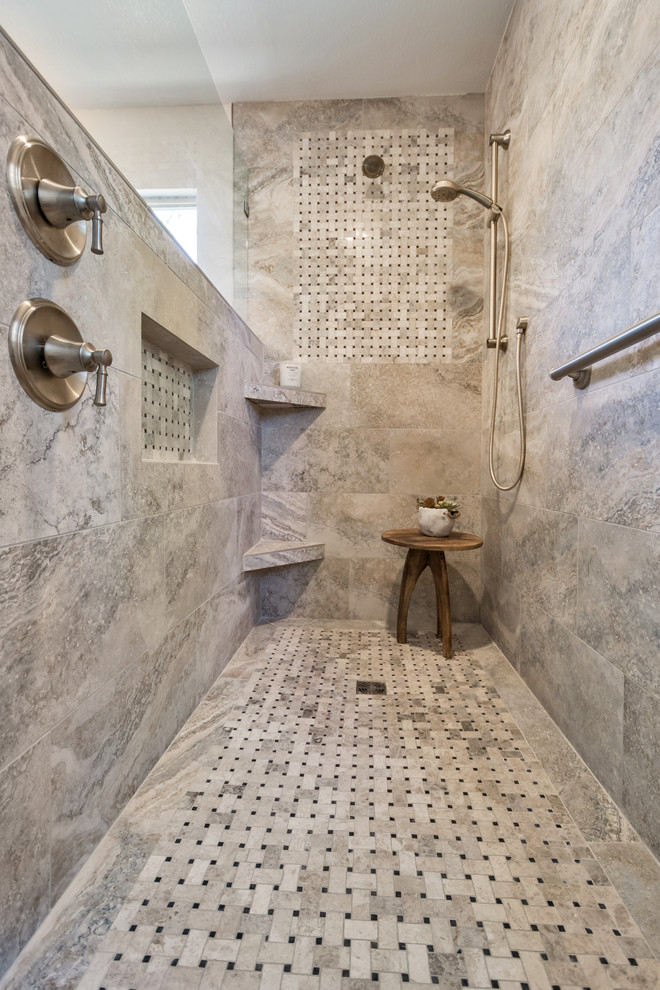 Example of a mid-sized transitional master multicolored tile and porcelain tile porcelain tile and brown floor walk-in shower design in Phoenix with shaker cabinets, brown cabinets, gray walls, an undermount sink, granite countertops and multicolored countertops