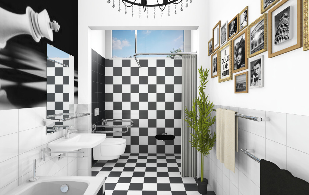 Идея дизайна: узкая и длинная главная ванная комната среднего размера в стиле модернизм с накладной ванной, душем без бортиков, инсталляцией, черно-белой плиткой, керамической плиткой, черными стенами, полом из керамической плитки, подвесной раковиной, шторкой для ванной, тумбой под одну раковину, напольной тумбой и обоями на стенах