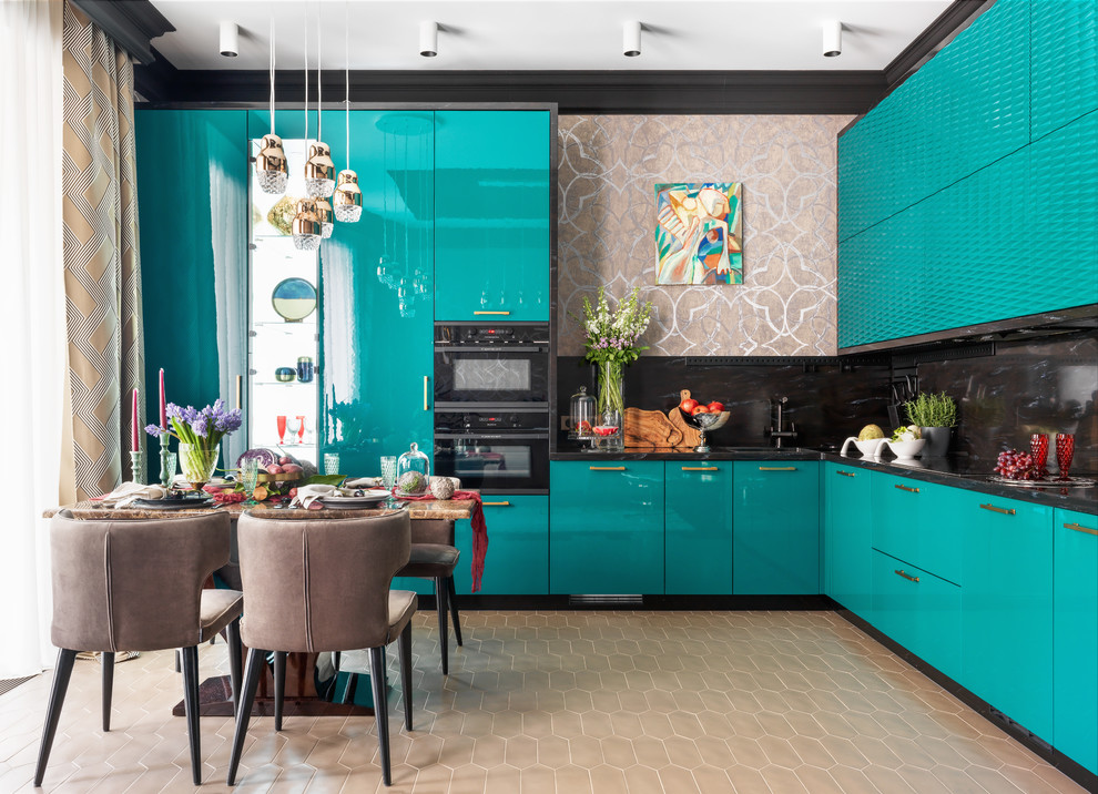 Design ideas for a contemporary l-shaped eat-in kitchen in Moscow with flat-panel cabinets, green cabinets, black splashback, black appliances, no island, beige floor and black benchtop.